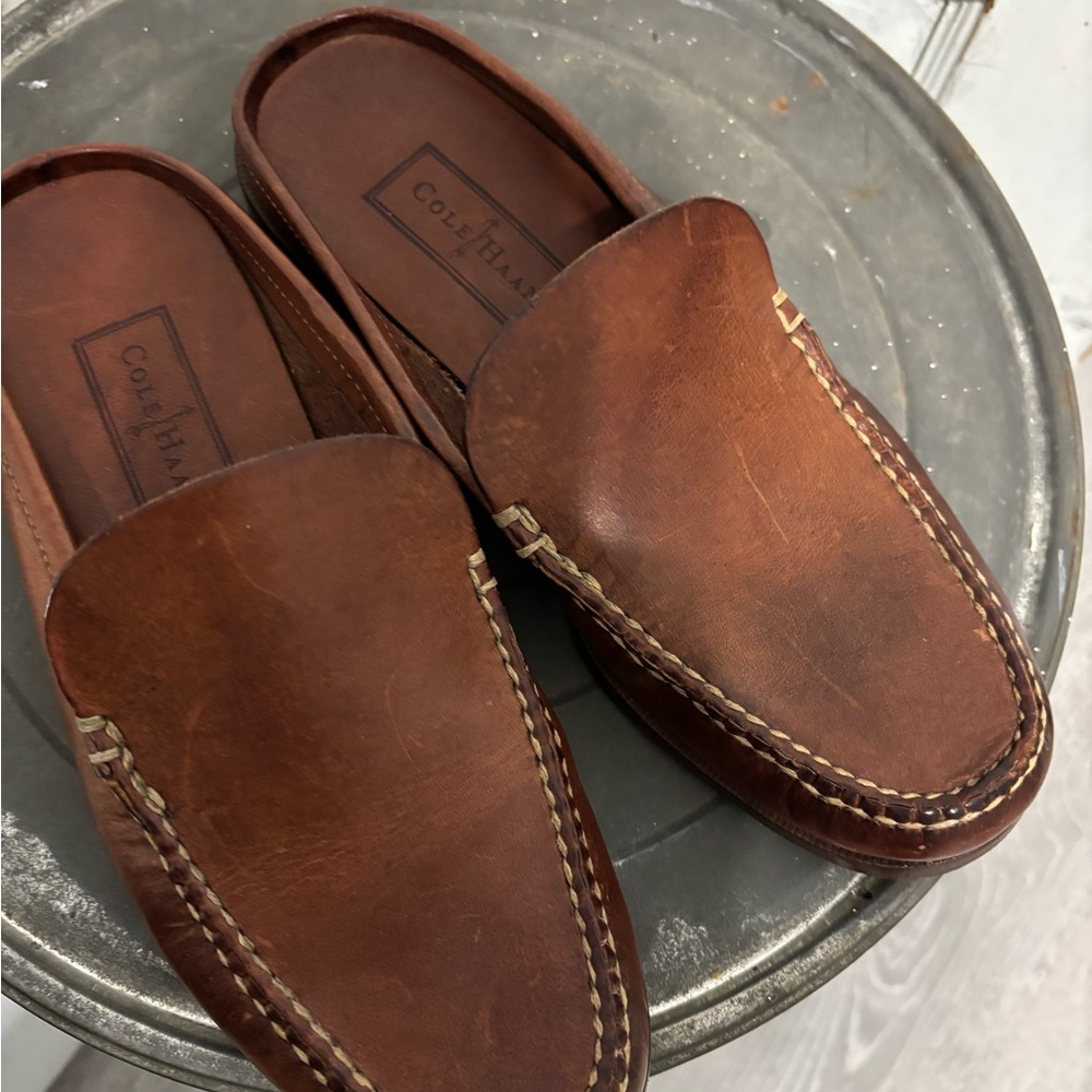 Cole Haan Brown Leather Stitched Slides Mules Made in Brazil Women's Size 6B
